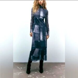 Zara Patchwork Tulle Long Midi Dress Dark Blue GrayNWOT size XS‎